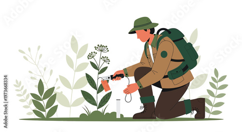 Botanist examining plant in field with scientific equipment, environmental research