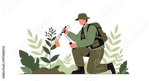 Botanist examining plant with tag in nature, scientific research, ecology, conservation