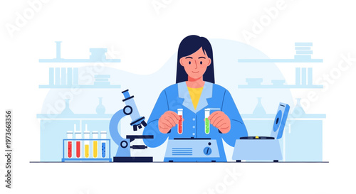 Female scientist in lab coat working with test tubes and microscope, conducting research