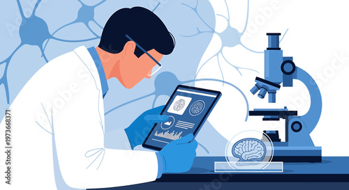 Scientist analyzing brain scan on tablet next to microscope and petri dish with brain illustration