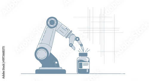 Robotic arm in a laboratory setting, handling a pharmaceutical bottle, representing automation and science.