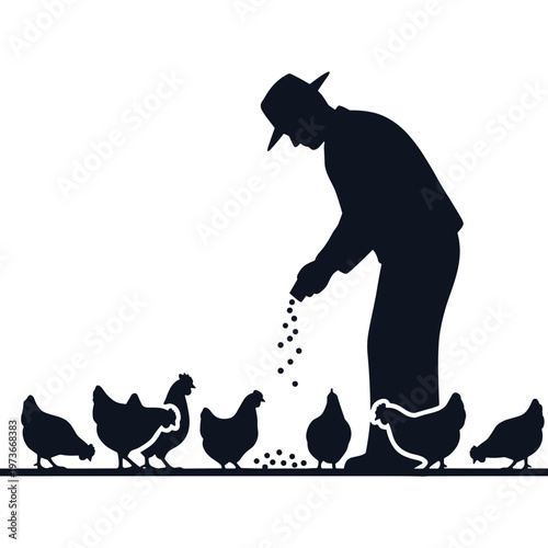 Man feeding chickens seeds on farm