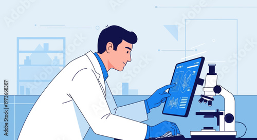 Scientist analyzing medical data on futuristic tablet in laboratory with microscope