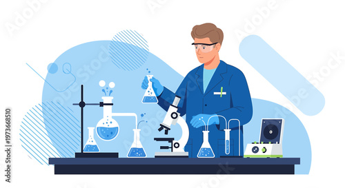 Scientist in lab coat conducting experiment with microscope and beakers, blue abstract background