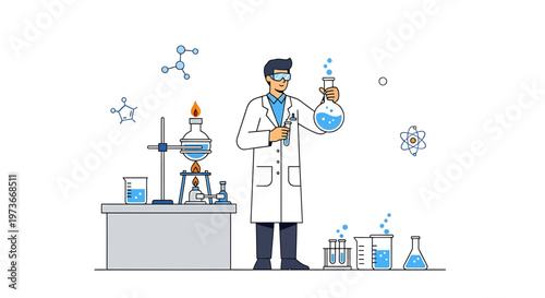 Scientist in Lab Coat Conducting Experiment with Flasks and Beakers in Laboratory
