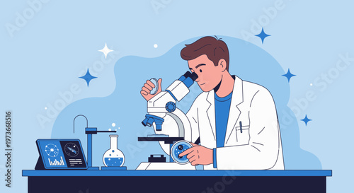 Scientist in Lab Coat Examining Sample Under Microscope, Modern Science Research