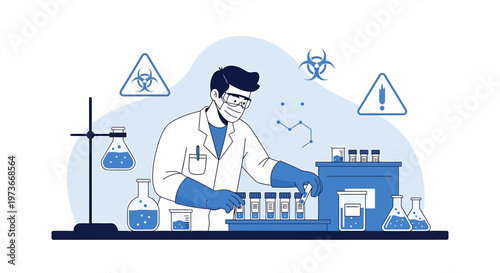 Scientist in laboratory conducting experiment with test tubes and beakers, safety signs