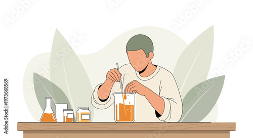 Scientist mixing liquid in beaker, laboratory equipment and jars on table, science concept