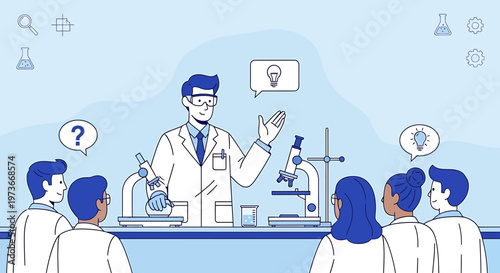 Scientist teaching students in a laboratory with microscopes and ideas