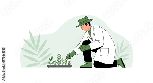 Scientist tending to young plants in a laboratory or greenhouse setting, focused on growth and research.