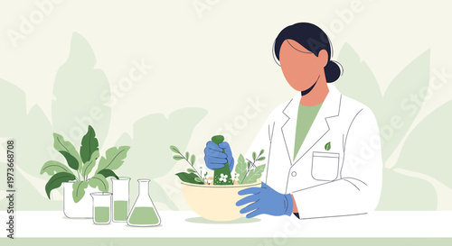 Scientist working with plants in laboratory, biotechnology, green science concept