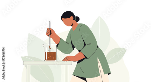 Woman mixing liquid in beaker, science experiment, laboratory research, natural ingredients
