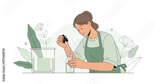 Woman scientist in lab coat with pipette and bottle, surrounded by plants, science and nature concept