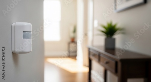 White Motion Sensor on Wall in Hallway with Table and Potted Plant.