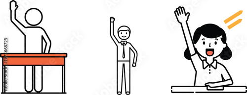 Students actively participating in a classroom discussion with raised hands