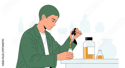 Young man in lab coat carefully drops liquid from dropper into small bottle, science experiment