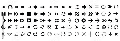 Collection of diverse black arrow icons and symbols on a white background, vector graphic.