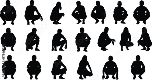 Human silhouettes, squatting poses, crouching positions, body movement, posture variations, exercise stance, ergonomic study, fitness concept, gesture art, modern design