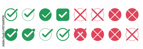 Set of green checkmarks and red cross marks for confirmation and rejection symbols.