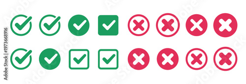 Collection of green checkmarks and red cross marks in circular and square shapes.