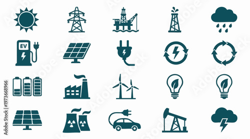 Energy, electricity, and power generation icons set with renewables