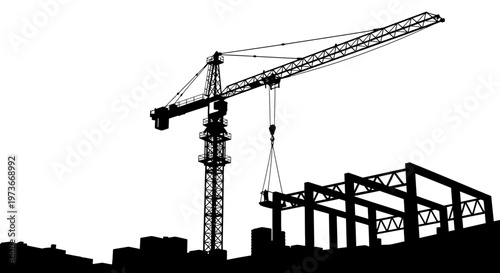 a construction crane lifting a structural beam with a worker at a building site silhouette illustrating urban development and engineering.