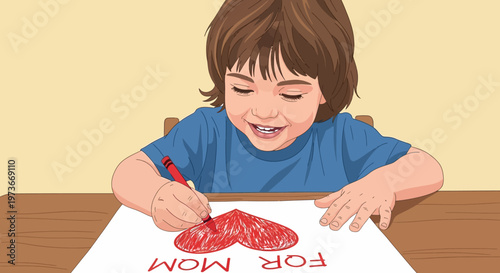 Child drawing with red crayon.