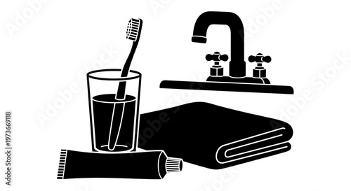 Bathroom Hygiene Set with Toothbrush Toothpaste Towel Glass and Water Tap flat vector  - Daily Morning Routine Concept flat vector
