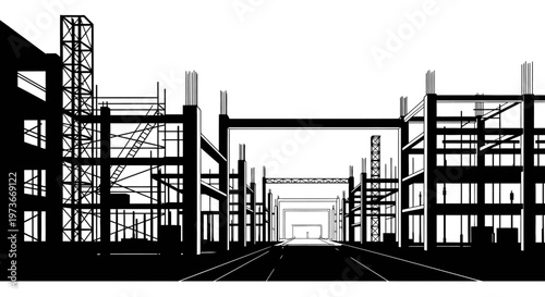 urban construction site silhouette with building structure frames and scaffolding illustrating city development and architectural growth.