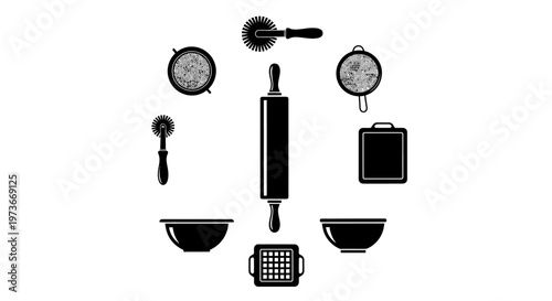 Kitchen Baking Tools Set flat vector  with Rolling Pin Bowls Sieve and Pizza Cutter - Cooking and Culinary Concept flat vector