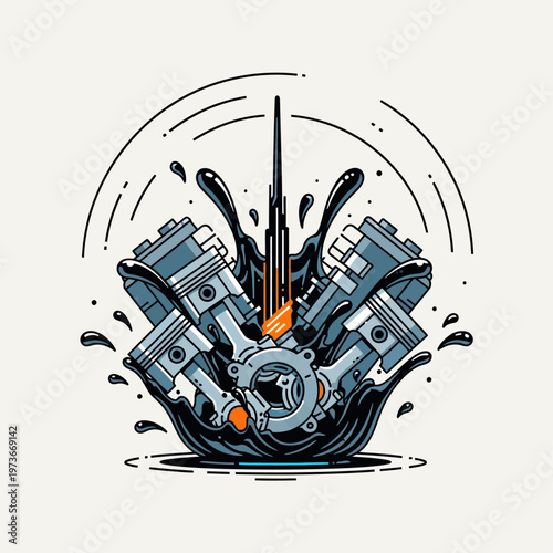 v-engine illustration pistons and connecting rods in oil splash with skyscraper symbolizing automotive engineering and power.