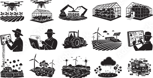 Sustainable farming and agriculture icons in black and white