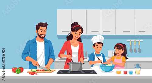 Family cooking together in kitchen.