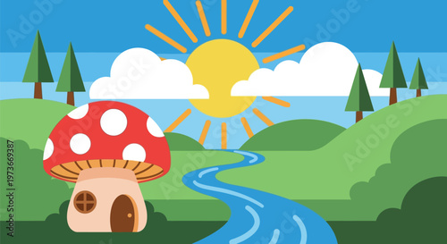 Colorful cartoon mushroom house sunny day.