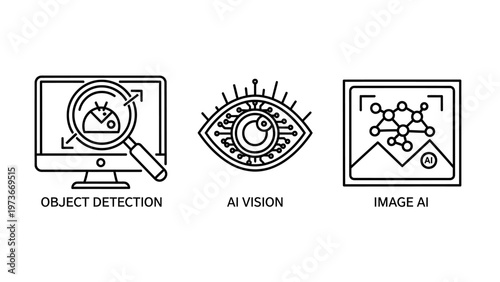 Artificial intelligence vision and computer vision icons representing object detection image analysis and machine learning technology