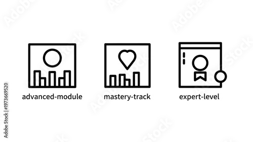 Professional educational levels icons for advanced module mastery track and expert level certification badges