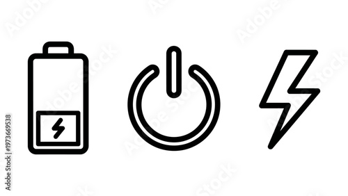 Minimalist black and white vector icon set featuring a charging battery level indicator, a universal power button symbol, and a high voltage lightning bolt for energy and power concepts