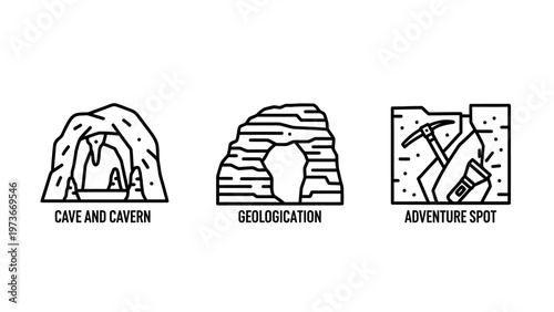 Set of minimalist line art icons for cave exploration and geological adventure including a cavern entrance, natural stone arch, and underground mining tools like a pickaxe and flashlight