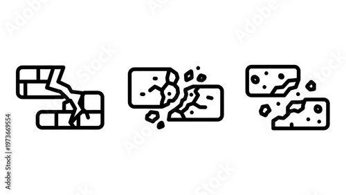 Set of three linear black and white icons depicting cracked and broken building blocks or masonry bricks representing structural damage, failure, destruction, or material instability