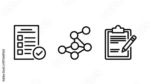 Collection of business organization line icons featuring a task checklist with a checkmark, a network of connected circular nodes, and a professional clipboard with a pencil