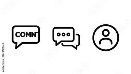 Collection of minimal communication icons including a chat bubble with the word comn, double message bubbles for conversation, and a generic user profile avatar