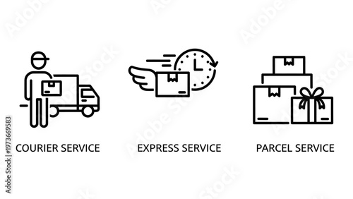 Logistics and shipping icons showing a courier with a delivery truck, express service with a winged package and clock, and stacked parcel boxes as gifts