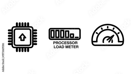 Technical computer performance icons featuring a microchip cpu, a processor load meter bar, and a dashboard speedometer for system speed monitoring