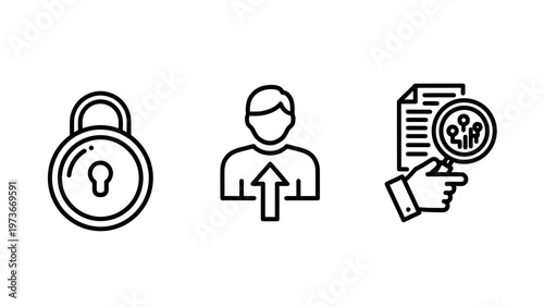 Business security and user management icon set including privacy padlock profile upload and document verification with magnifying glass investigation