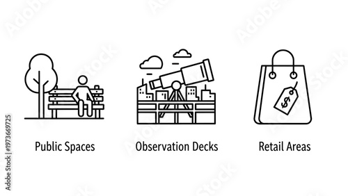 Public spaces observation decks and retail areas icon collection