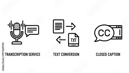 Communication and media transcription icons including transcription service, text conversion, and closed captioning