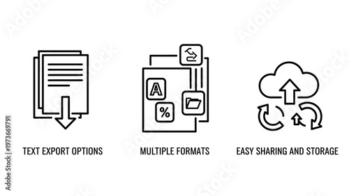 Data export and file storage concept icons including text export options, multiply formulas, and easy sharing and storage