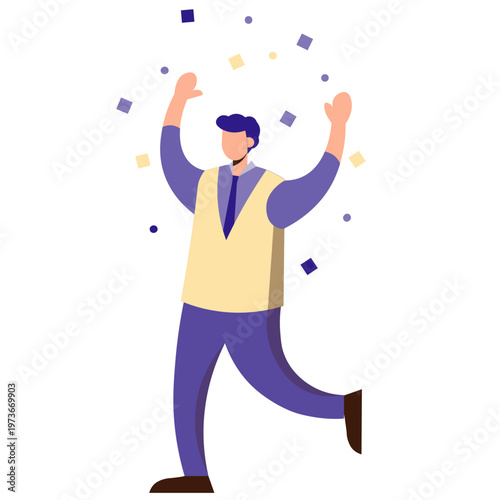 Joyful flat design man in beige vest and white shirt arms raised in a triumphant excited pose.