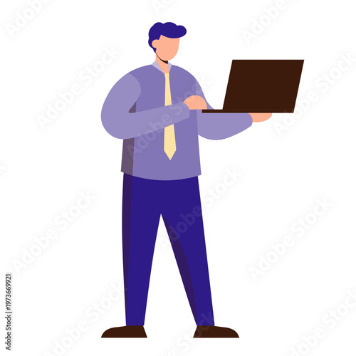 Flat design illustration of a standing man in a white shirt and yellow tie holding an open laptop.
