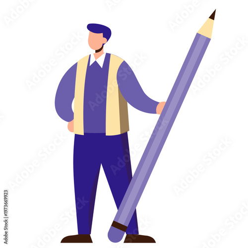 Stylized Man in Vest Holding Giant White Pencil Flat Vector Illustration.